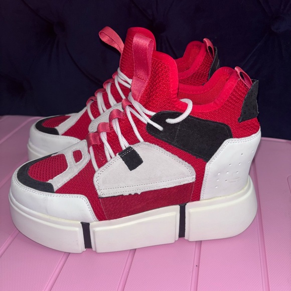 ANTHONY WANG Red and White High-Top Platform Sneakers - Size 9 - Picture 1 of 5
